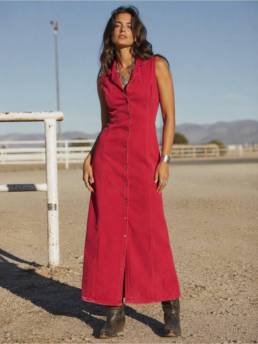 Vintage 90s Red Denim Maxi Dress Button-Front Americana Western Rodeo Size L